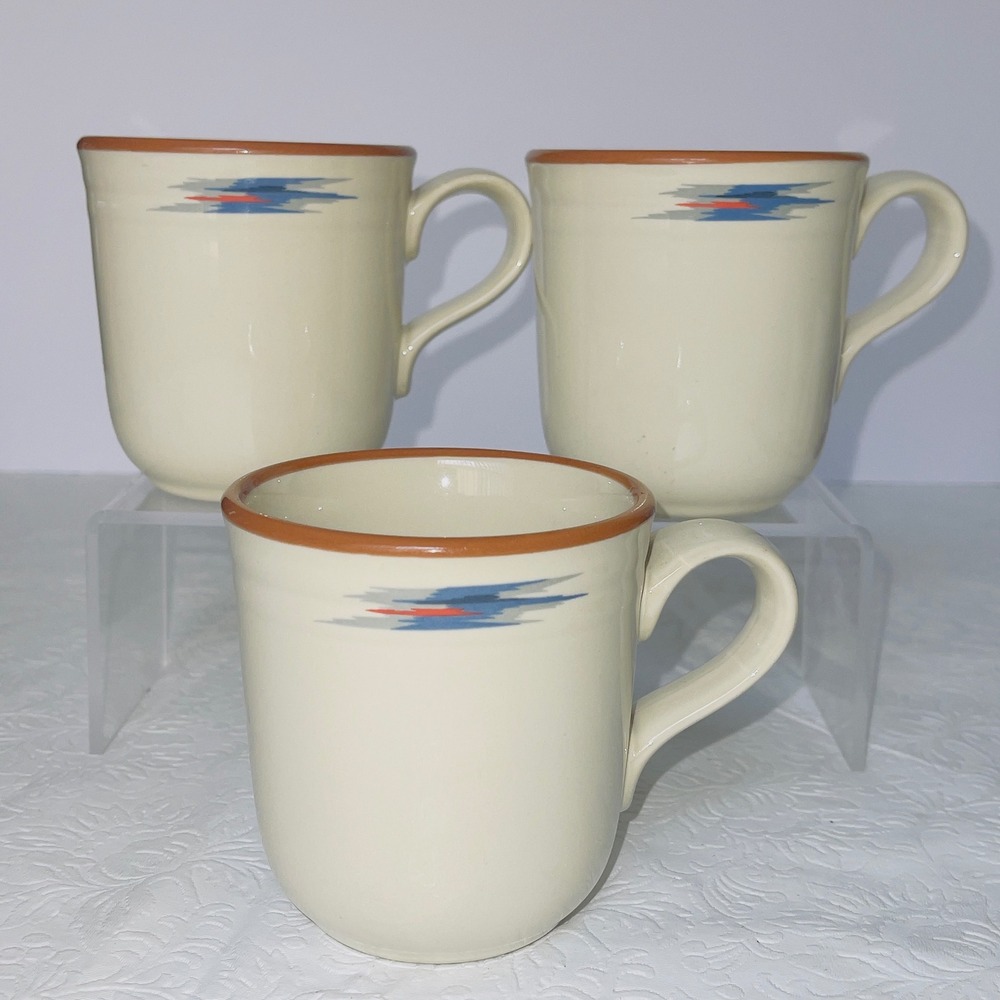 Noritake Kitchen Raindance 8675 Mugs Set of 3 Cream Terracotta Stoneware Japan